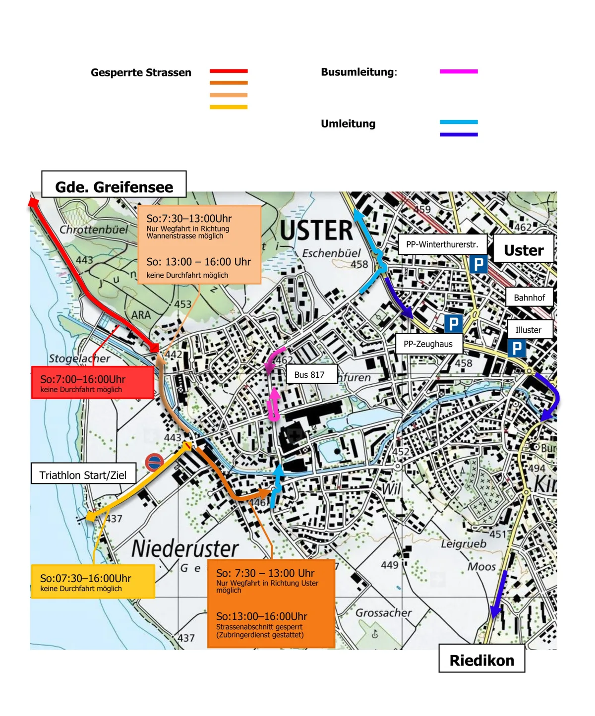 Die Grafik zeigt die gesperrten Strassen in Uster.